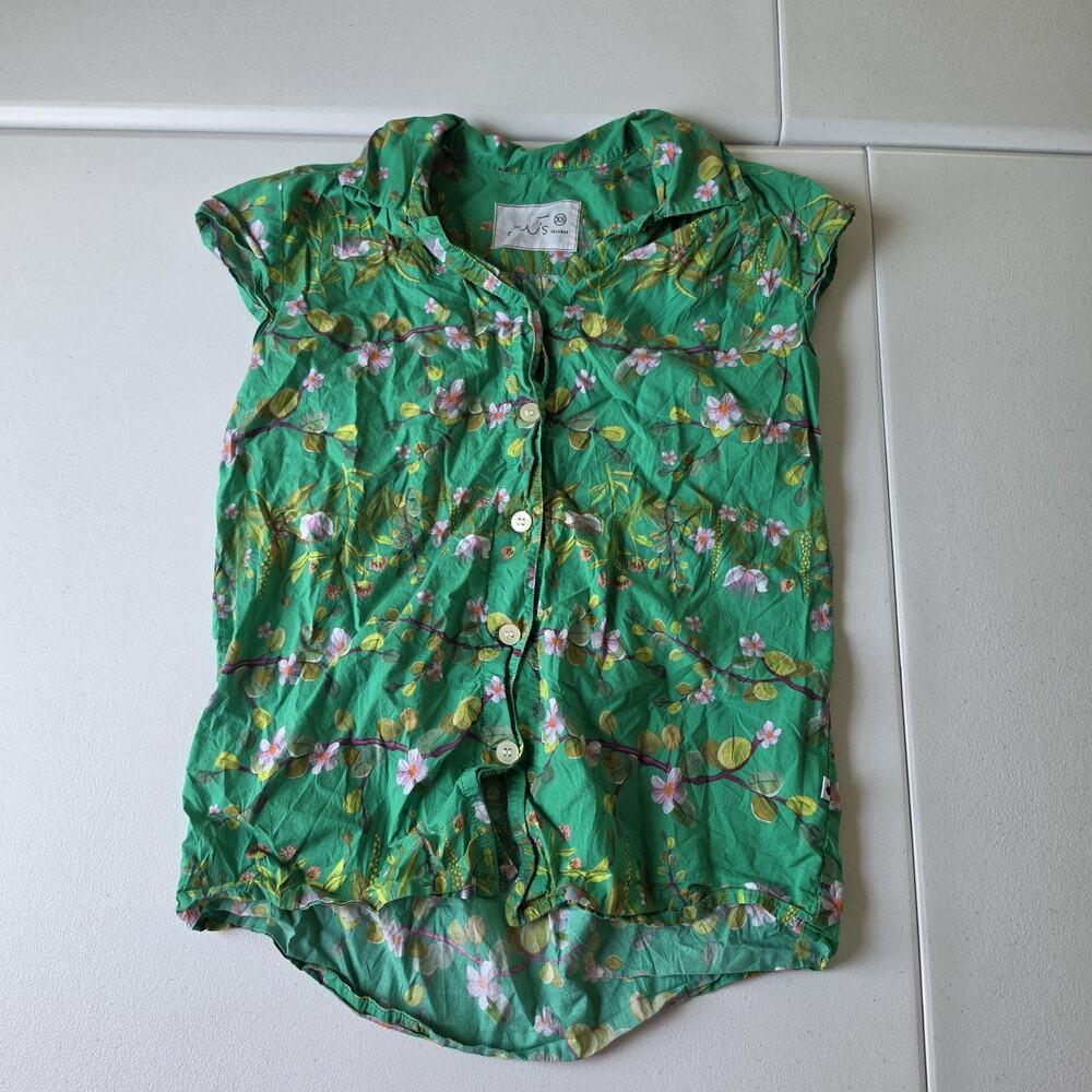 The Cat's Pajamas Sleep Shirt Womens XS Green Floral Cotton Button PJ Top
